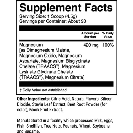 Tabla nutricional del suplemento 1st Phorm Magnesio sabor Chocolate Sal Marina 420 mg 90 porciones