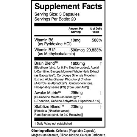 Tabla nutricional del suplemento 1st Phorm MasterBrain AM 60 cápsulas