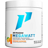 Frasco de suplemento 1st Phorm Megawatt Amanecer Naranja 150 mg 7.05 oz polvo