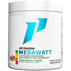 Frasco de suplemento 1st Phorm Megawatt Gusano de Goma Agrio 150 mg 9.8 oz polvo
