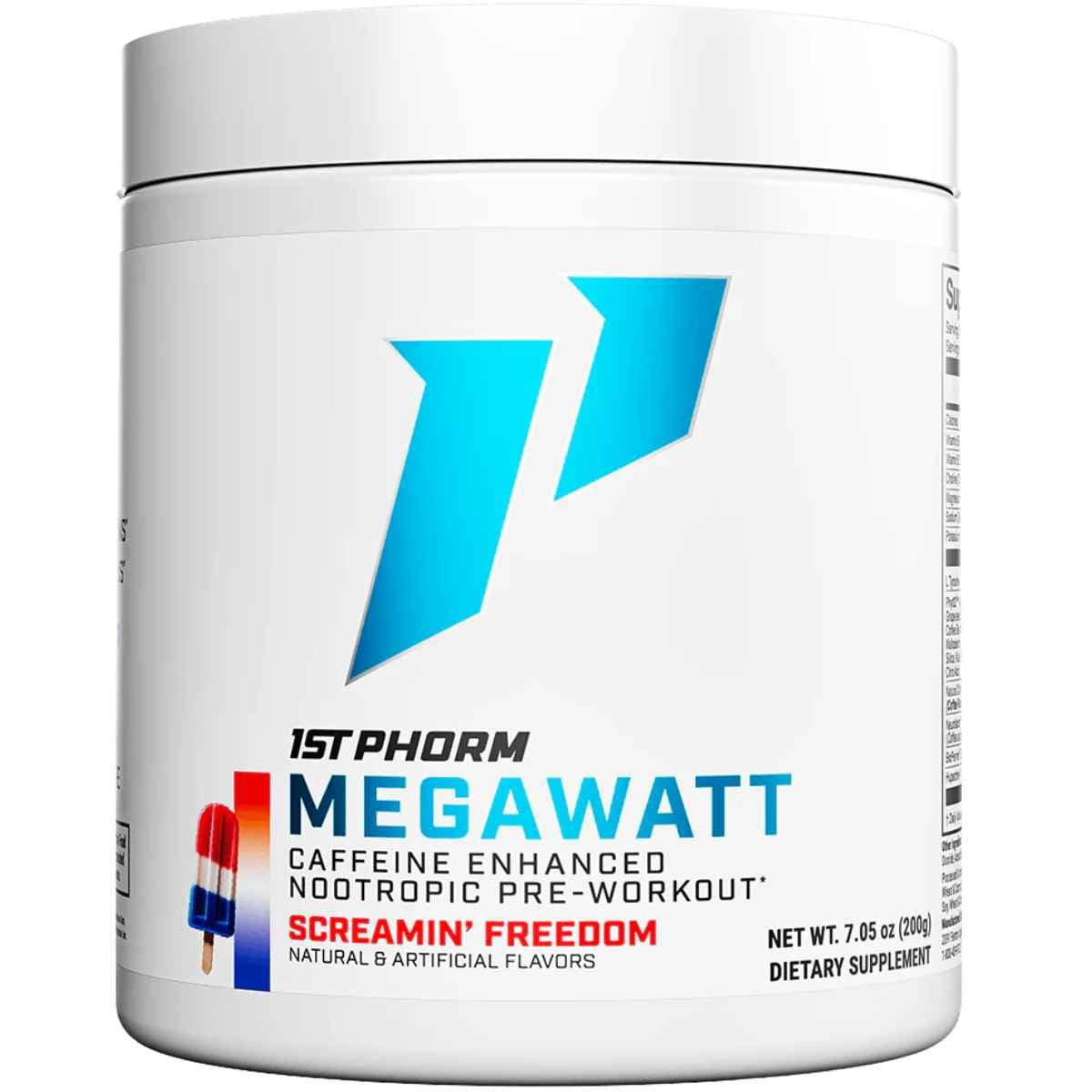 Frasco de suplemento 1st Phorm Megawatt Helado Fresco 150 mg 7.05 oz polvo
