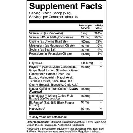 Tabla nutricional del suplemento 1st Phorm Megawatt Limonada 150 mg 7.05 oz polvo