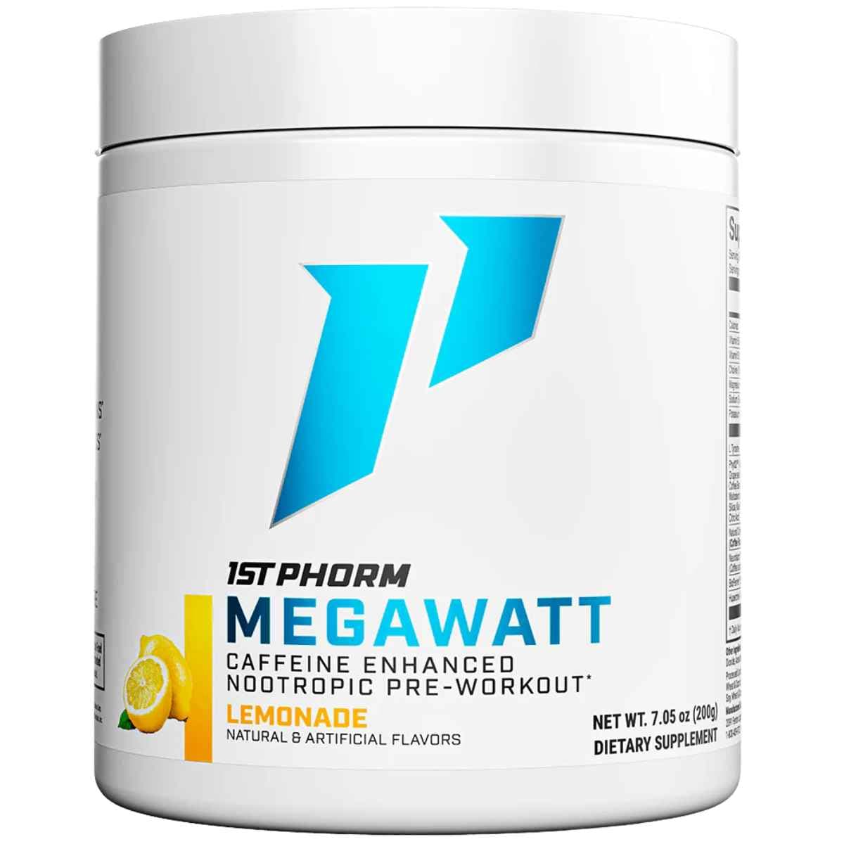 Frasco de suplemento 1st Phorm Megawatt Limonada 150 mg 7.05 oz polvo