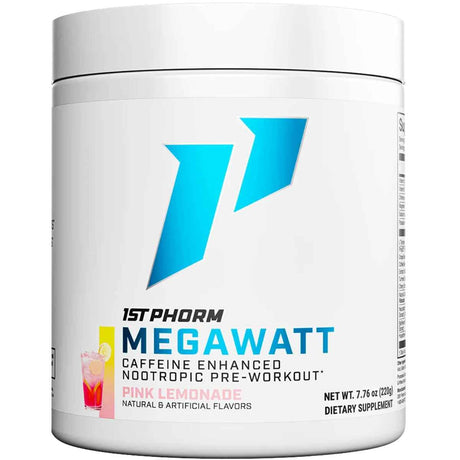 Frasco de suplemento 1st Phorm Megawatt Limonada Rosa 150 mg 7.05 oz polvo