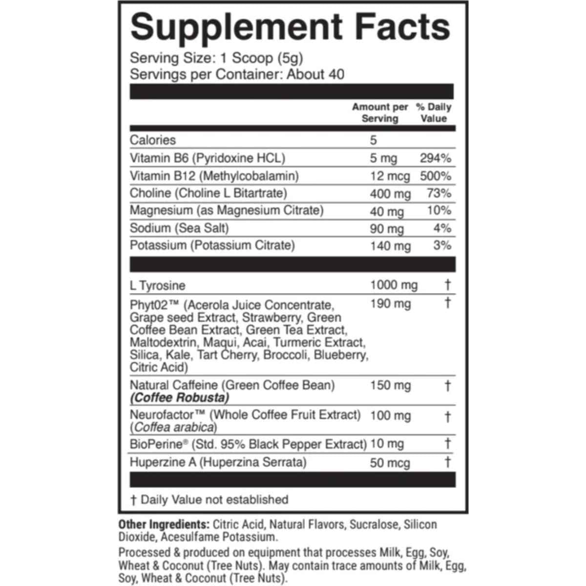 Tabla nutricional del suplemento 1st Phorm Megawatt Melocotón Dulce 150 mg 7.05 oz polvo