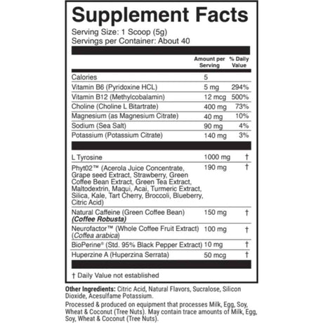 Tabla nutricional del suplemento 1st Phorm Megawatt Melocotón Dulce 150 mg 7.05 oz polvo