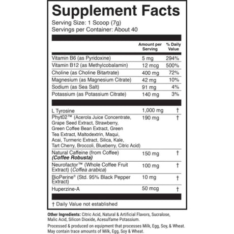 Tabla nutricional del suplemento 1st Phorm Megawatt Piña y Granada 150 mg 7.76 oz polvo