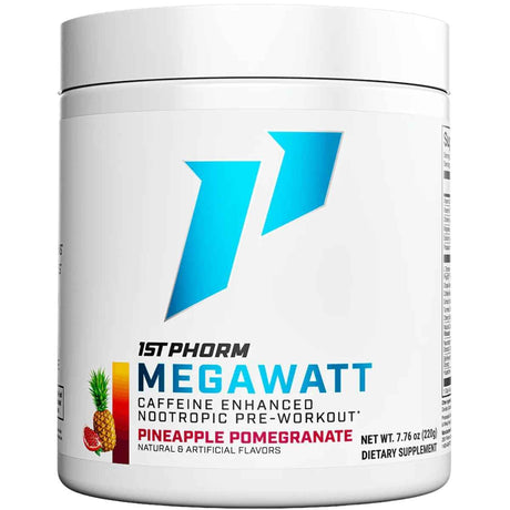 Frasco de suplemento 1st Phorm Megawatt Piña y Granada 150 mg 7.76 oz polvo