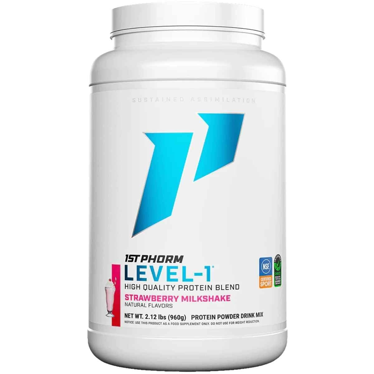Frasco de suplemento 1st Phorm Mezcla de Proteína sabor Batido de Fresa 2.12 lbs