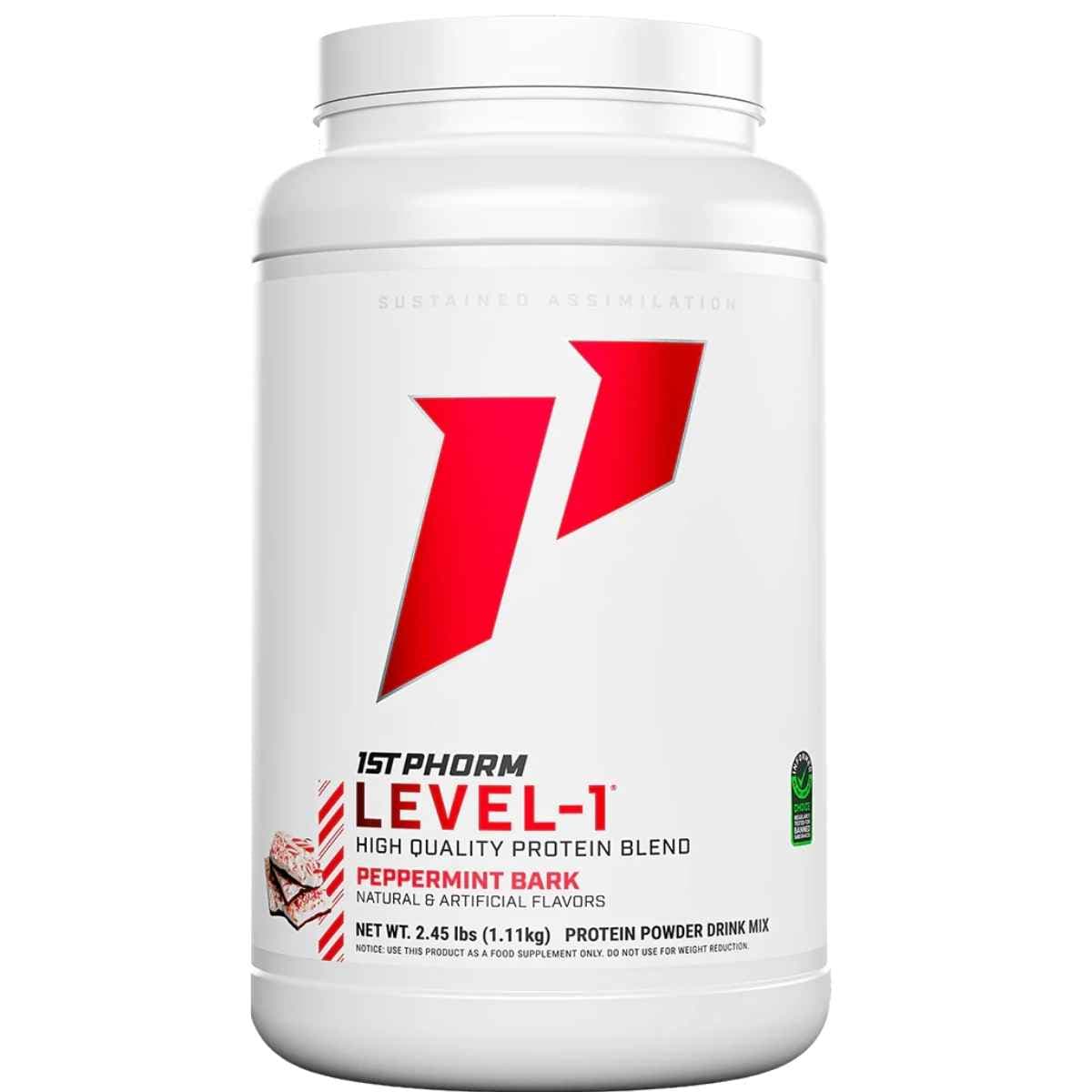 Frasco de suplemento 1st Phorm Mezcla de Proteína sabor Corteza de menta 2.45 lbs