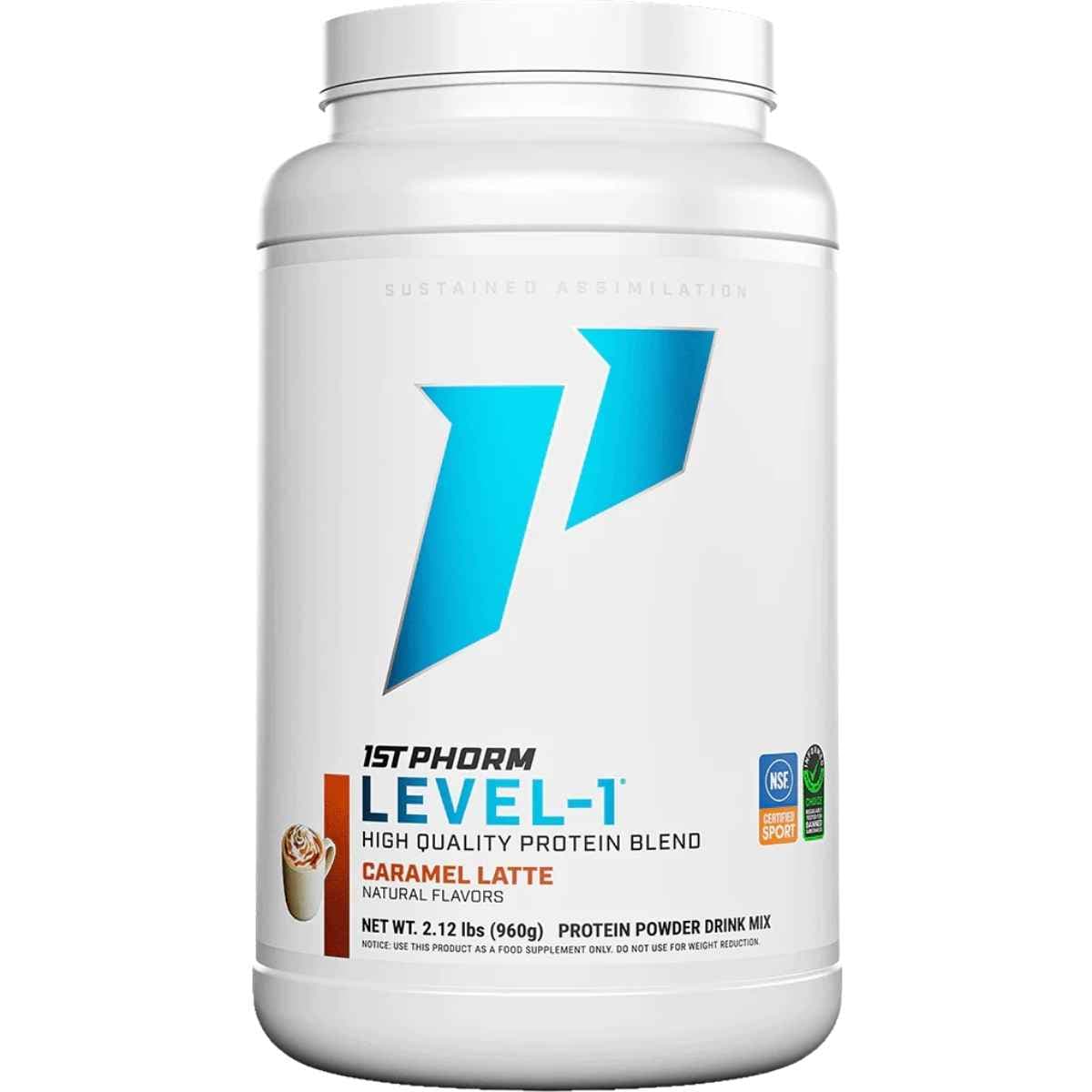 Frasco de suplemento 1st Phorm Mezcla de Proteína sabor Latte de Caramelo 2.12 lbs