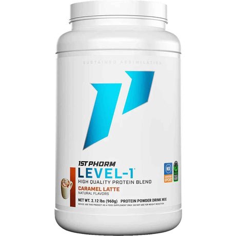 Frasco de suplemento 1st Phorm Mezcla de Proteína sabor Latte de Caramelo 2.12 lbs