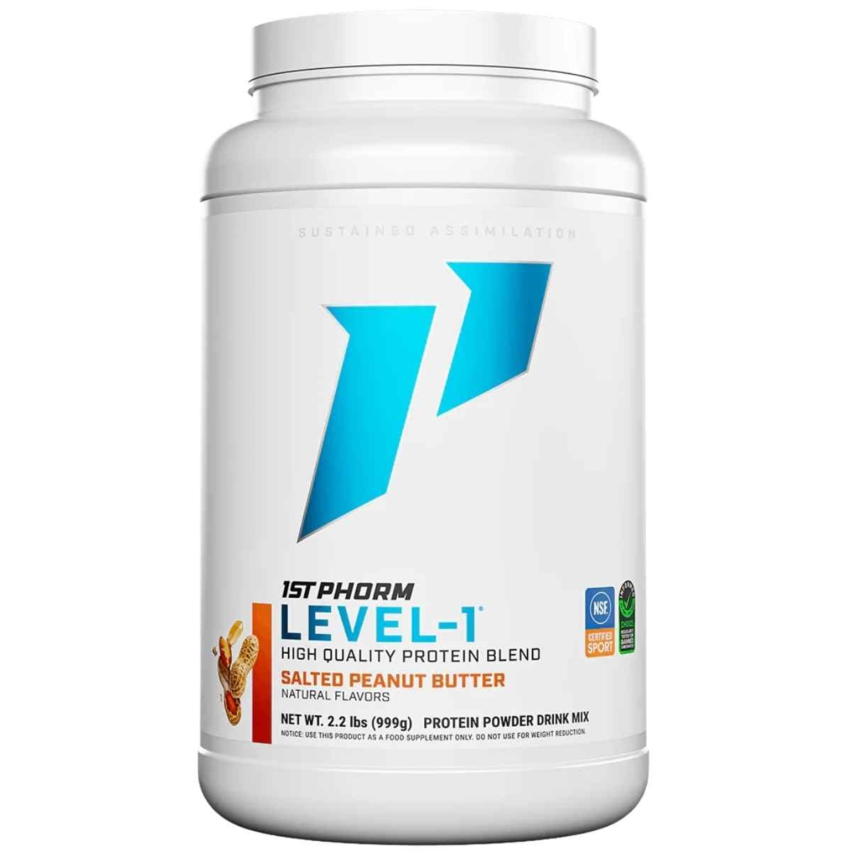 Frasco de suplemento 1st Phorm Mezcla de Proteína sabor Mantequilla de maní salado 2.12 lbs