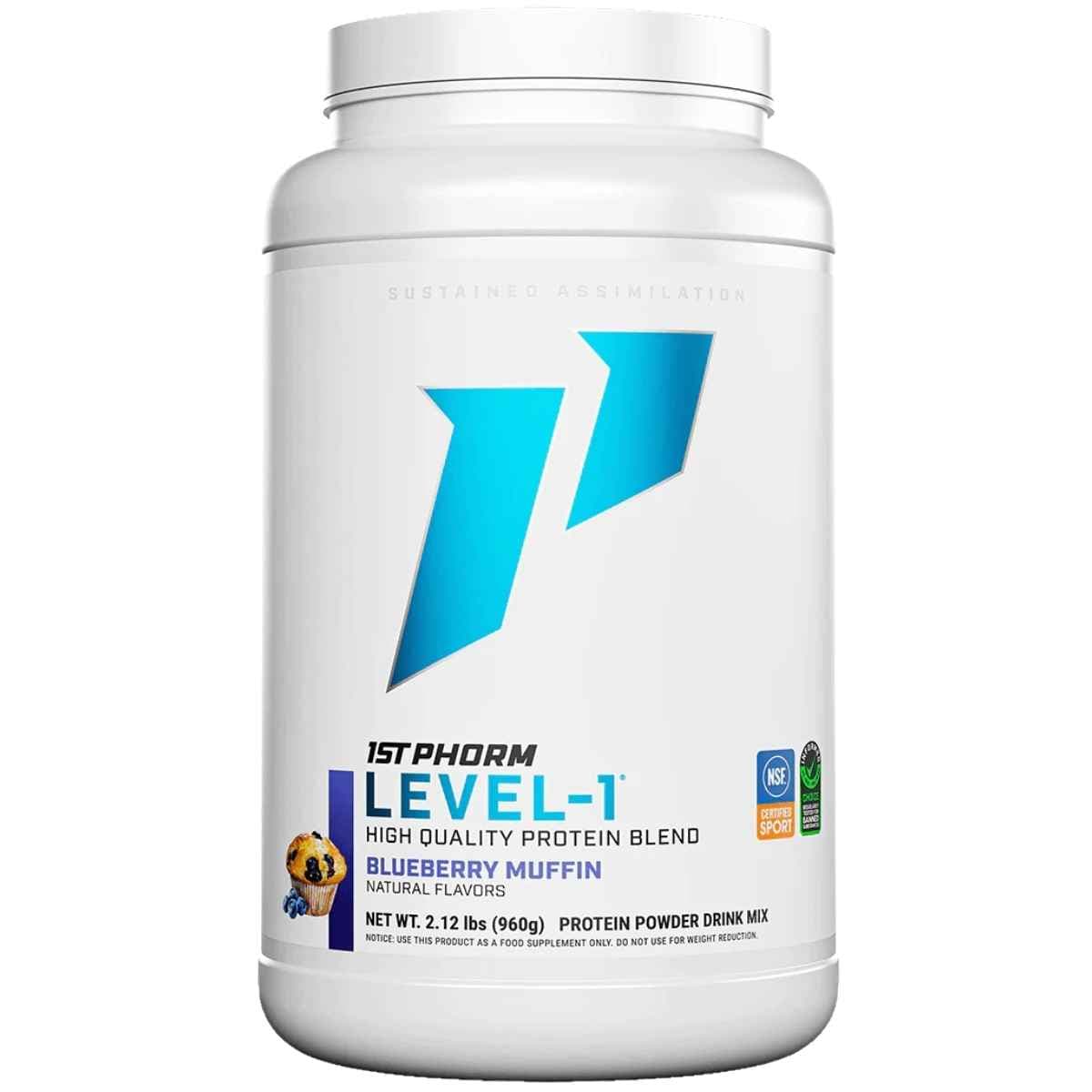 Frasco de suplemento 1st Phorm Mezcla de Proteína sabor Muffin de arándanos 2.12 lbs