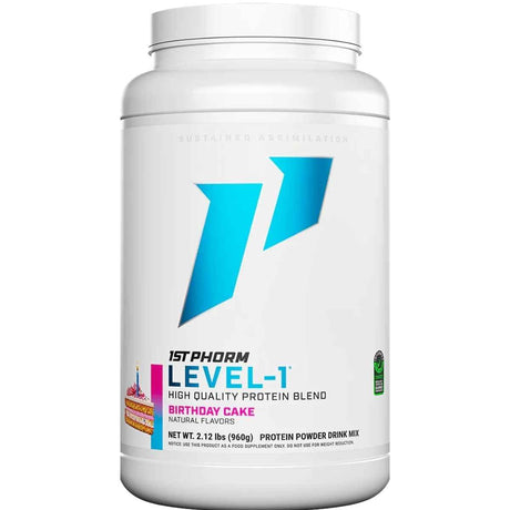 Frasco de suplemento 1st Phorm Mezcla de Proteína sabor Torta de cumpleaños 2.12 lbs