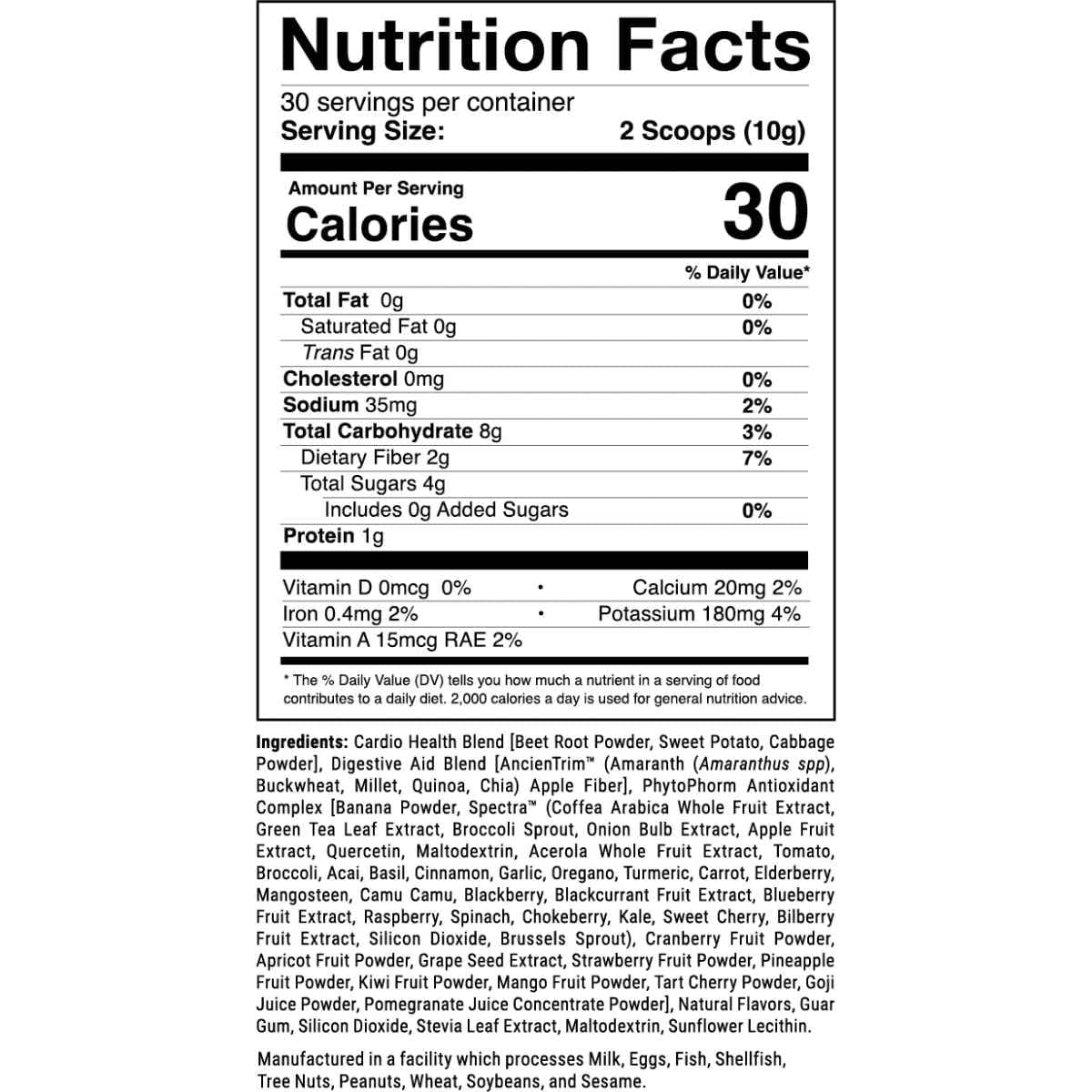 Tabla nutricional del suplemento 1st Phorm Mezcla de Superalimentos Rojos 50 Baya Natural 300 g