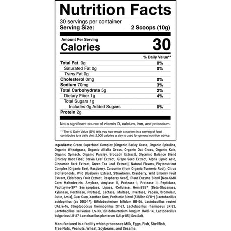 Tabla nutricional del suplemento 1st Phorm Mezcla de Superalimentos Verdes Baya Natural 30 porciones