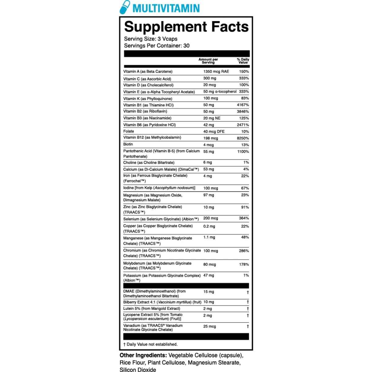 Tabla nutricional del suplemento multivitamínico 1st Phorm Micro Factor 30 paquetes