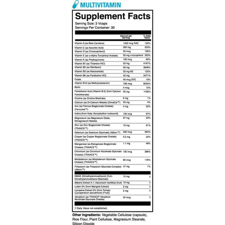 Tabla nutricional del suplemento multivitamínico 1st Phorm Micro Factor 30 paquetes