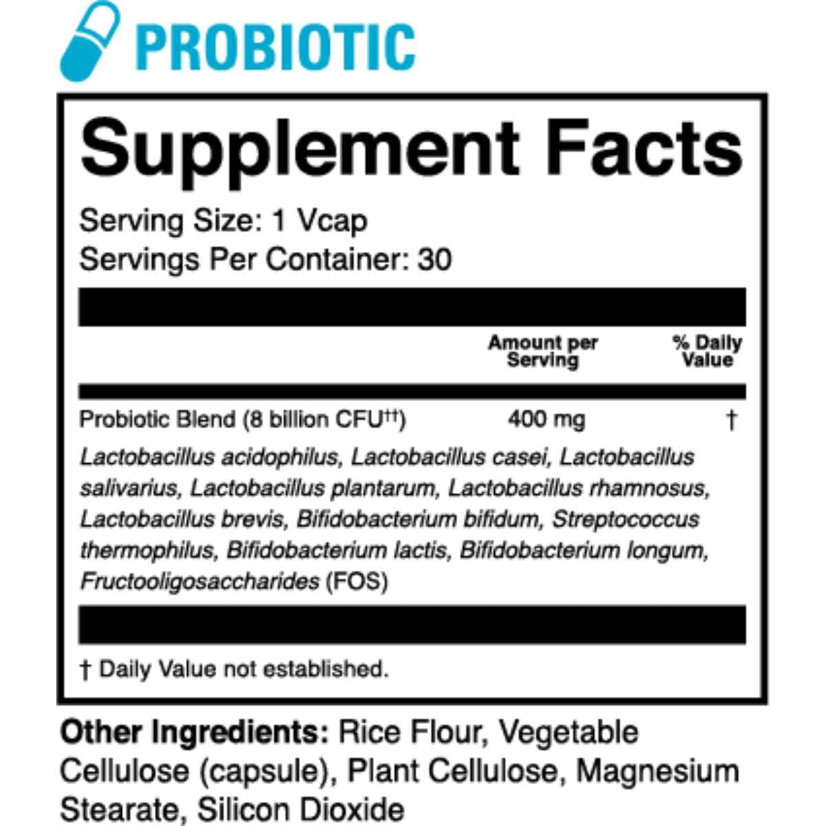 Tabla nutricional del suplemento de probióticos 1st Phorm Micro Factor 30 paquetes