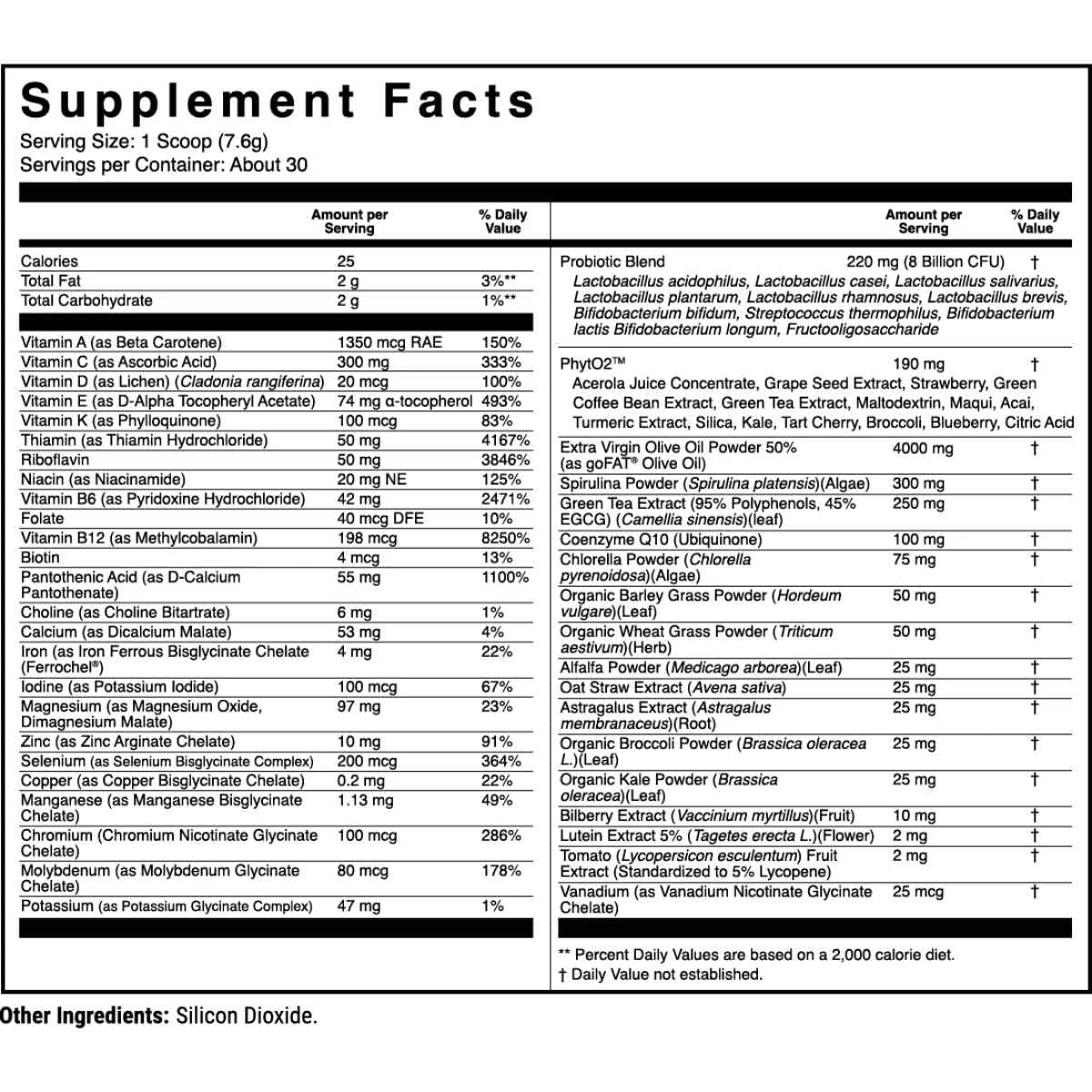 Tabla nutricional del suplemento 1st Phorm Micro Factor Sin Sabor polvo