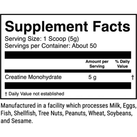 Tabla nutricional del suplemento 1st Phorm Monohidrato de Creatina Micronizada 8.82 oz