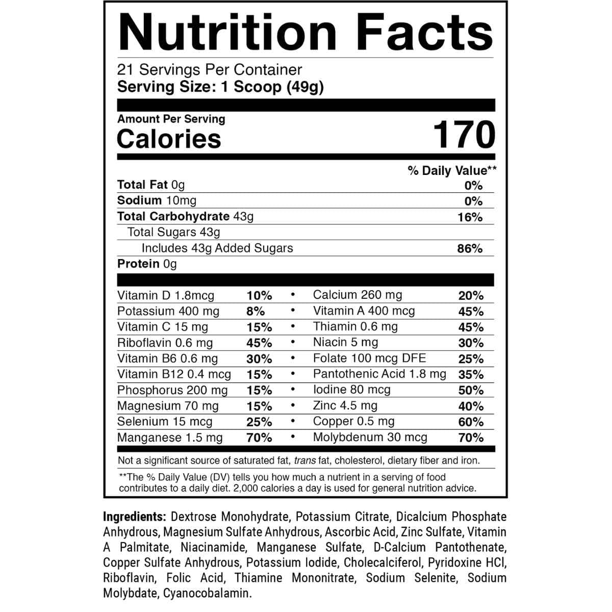 Tabla nutricional del suplemento 1st Phorm Monohidrato de Dextrosa 2.26 lbs
