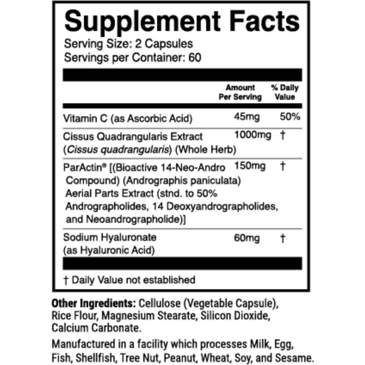 Tabla nutricional del suplemento 1st Phorm Movilidad Articular 120 cápsulas