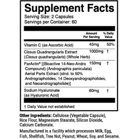 Tabla nutricional del suplemento 1st Phorm Movilidad Articular 120 cápsulas