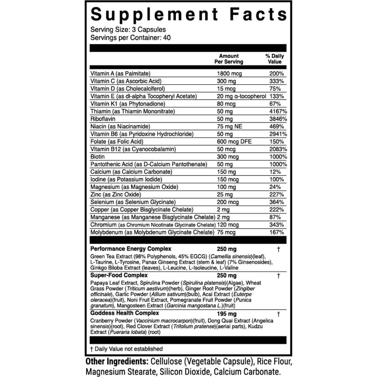 Tabla nutricional del suplemento 1st Phorm Multivitamínico Para Mujer 120 cápsulas