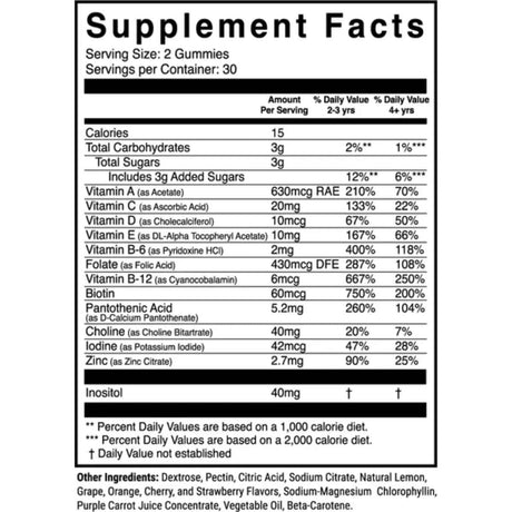 Tabla nutricional del suplemento 1st Phorm Multivitamínico para niños Mezcla de Bayas 60 gomitas