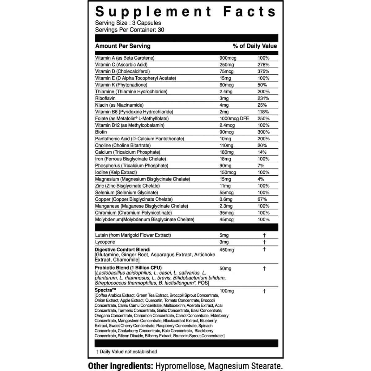 Tabla nutricional del suplemento 1st Phorm Multivitamínico Prenatal 90 cápsulas