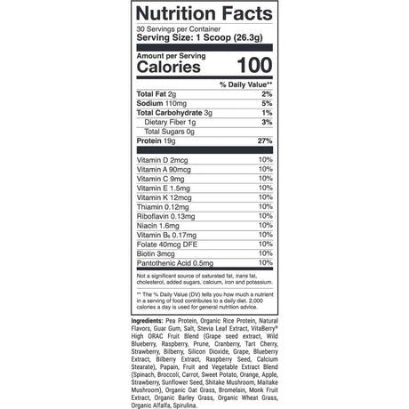 Tabla nutricional del suplemento 1st Phorm Proteína Vegana Crema de Vainilla polvo