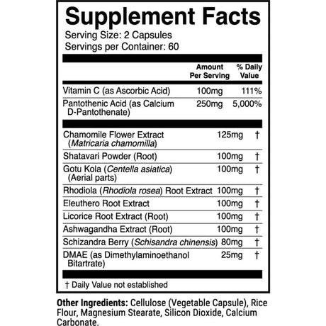 Tabla nutricional del suplemento 1st Phorm Restauración Adrenal 120 cápsulas