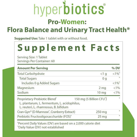 Hyperbiotics Probiótico PRO-Mujeres Equilibrio de Flora y Salud Urinaria 5 Mil Millones CFU - 60 Microperlas de Liberación Prolongada - Tabla Nutricional - Haz Tu Pedido