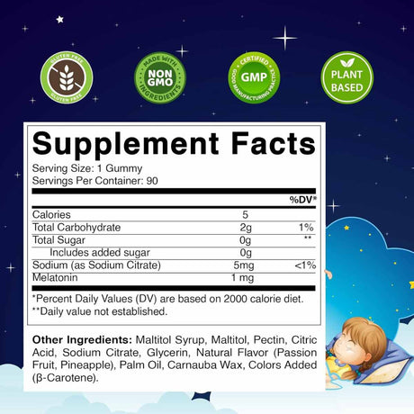 Melatonina para Niños - Piña - 1 mg - 90 Gomitas - Haz Tu Pedido