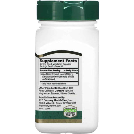 Tabla nutricional del suplemento 21st Century Extracto de Semilla de Uva 100 mg 60 cápsulas