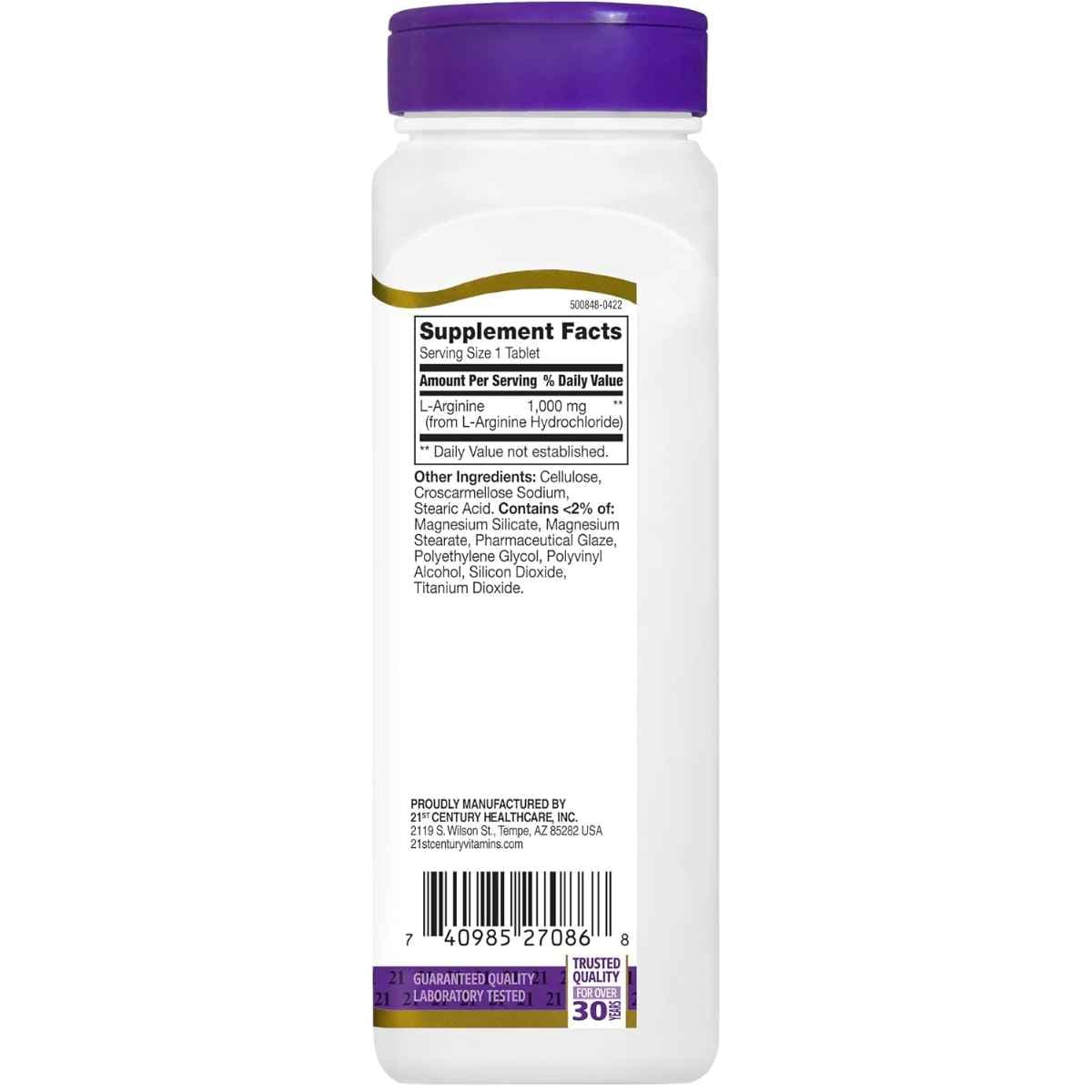 Tabla nutricional del suplemento 21st Century L-Arginina 1000 mg 100 tabletas