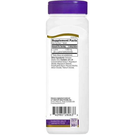 Tabla nutricional del suplemento 21st Century L-Lisina 1000 mg 90 tabletas