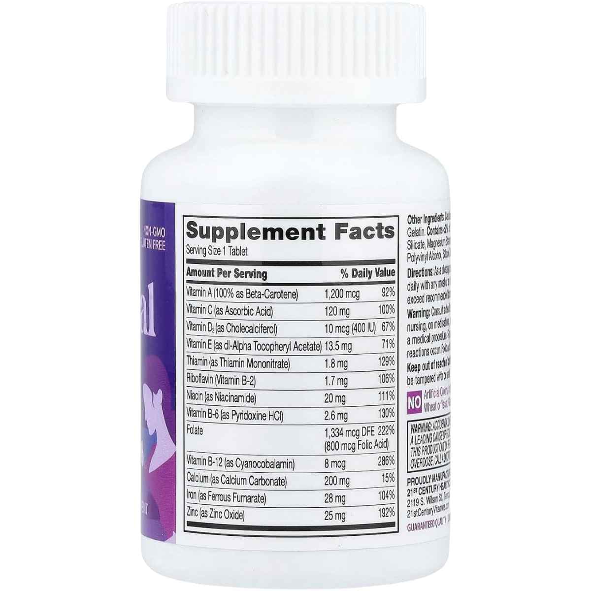 Tabla nutricional del suplemento 21st Century PreNatal 60 tabletas