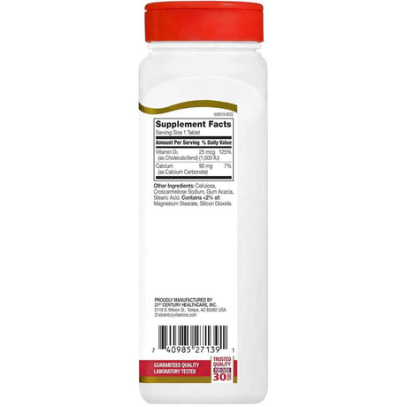 Tabla nutricional del suplemento 21st Century Vitamina D3 500 tabletas