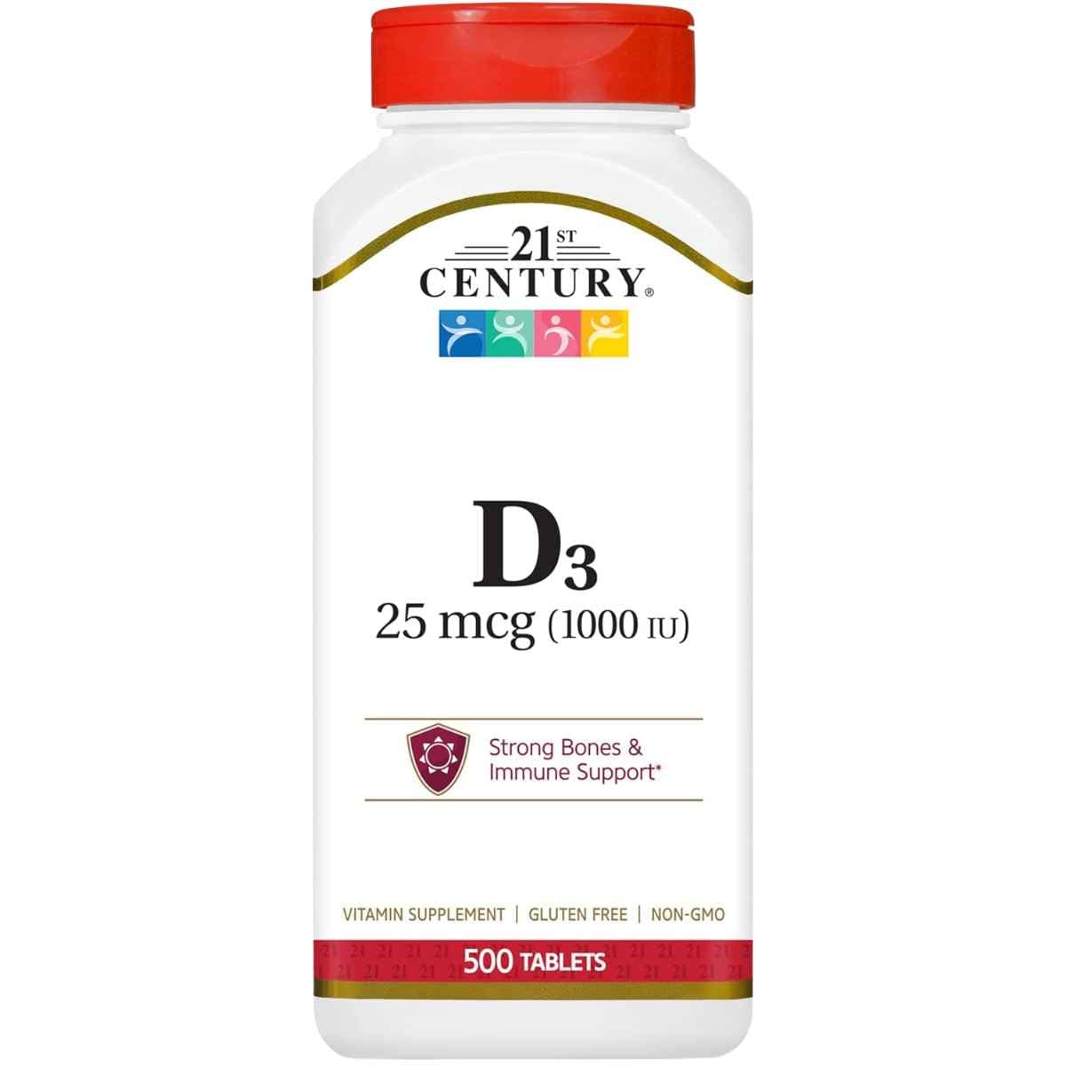 Frasco de suplemento 21st Century Vitamina D3 500 tabletas