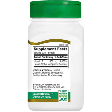 Tabla nutricional del suplemento 21st Century Vitamina E 450 mg 55 Softgels