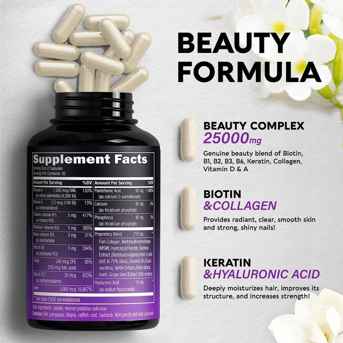 Biotina con Colágeno y Queratina 25000 mcg - 60 Cápsulas - Haz Tu Pedido