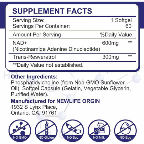 NAD+ con Trans Resveratrol - 900 mg - 60 Cápsulas Blandas - Haz Tu Pedido