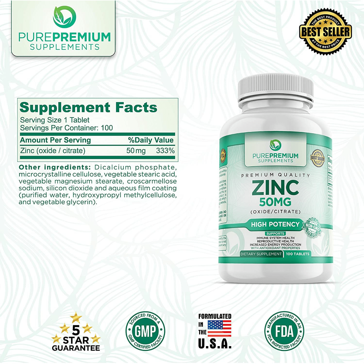 Pure Premium Zinc Oxide and Citrate - 100 Tabletas - Haz Tu Pedido