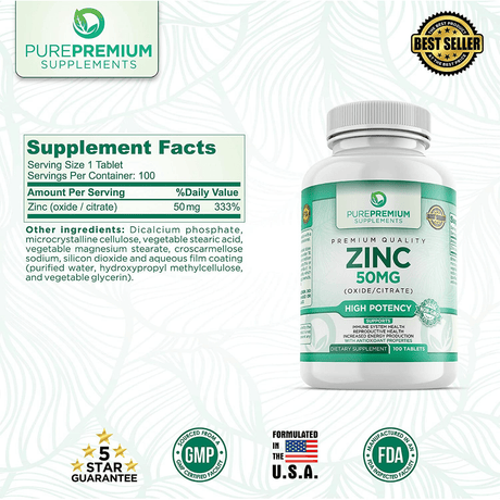 Pure Premium Zinc Oxide and Citrate - 100 Tabletas - Haz Tu Pedido