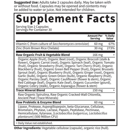 Garden of Life  Raw Zinc Vitamina de Zinc 30 mg - 60 Cápsulas Veganas - Tabla Nutricional - Haz Tu Pedido