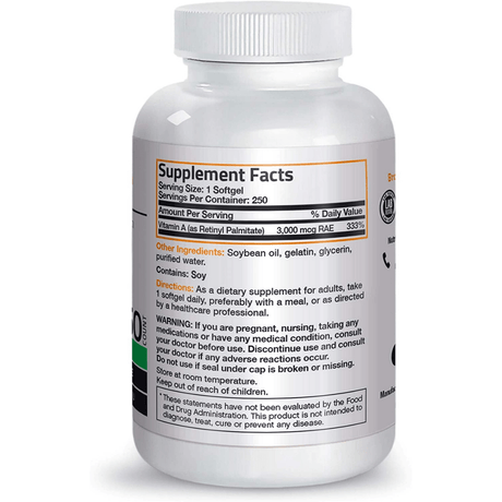 Bronson Vitamin A - 250 Cápsulas Blandas - Haz Tu Pedido