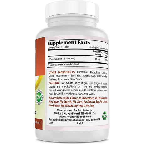 Best Naturals Zinc Gluconate - 240 Tabletas - Haz Tu Pedido